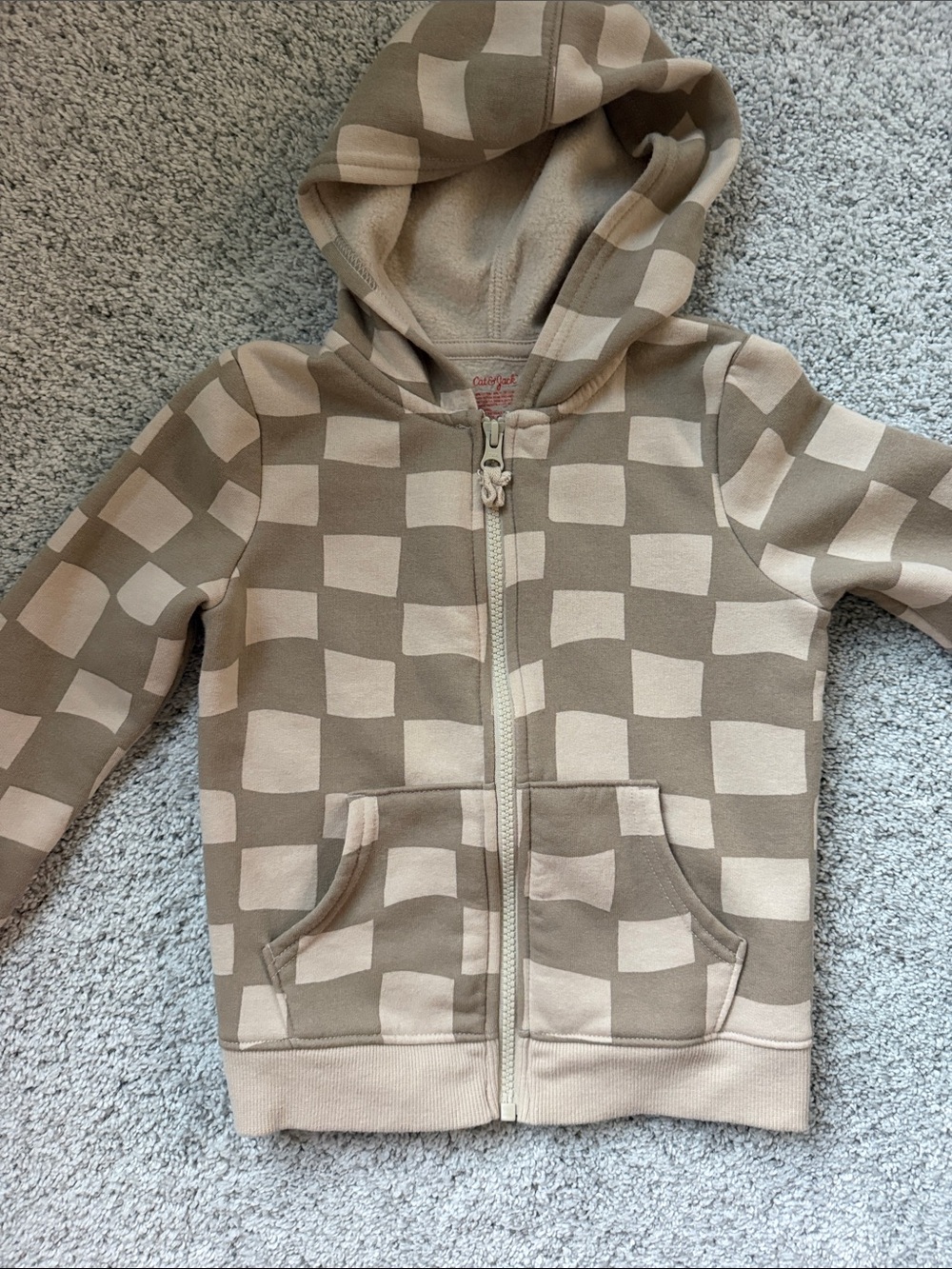 Kids Checkerboard Zip Hoodie - Beige & Cream